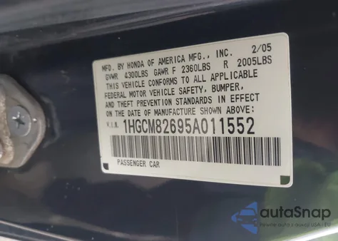2005 Honda Accord 3.0 Ex z USA, uszkodzony, nr VIN 1HGCM82695A011552